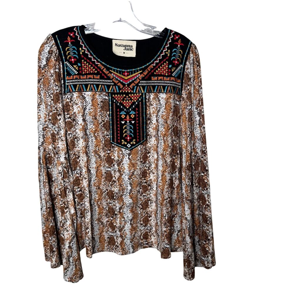 Savanna Jane Embroidered Boho Top Size M Snake Print Bell Sleeve Western Blouse